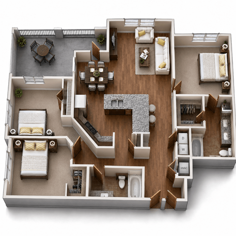 Floor plan for 3 beds, 2 baths, 1331 sqft